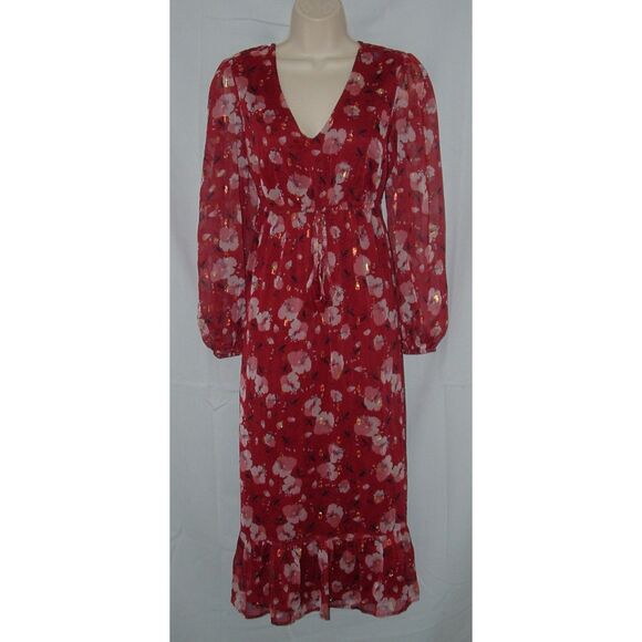 Dizzy Lizzy Dresses & Skirts - DIZZY LIZZY Sparkly Maroon Floral Sz Medium Church Office Lined Flowy Midi Dress